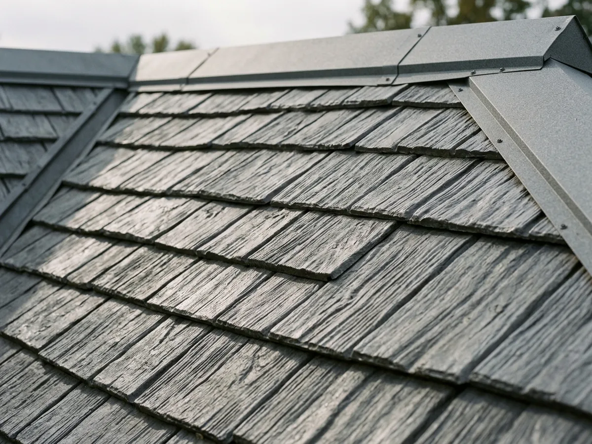 Close view of grey stamped aluminum shake-style shingles in overlapping courses on a pitched roof