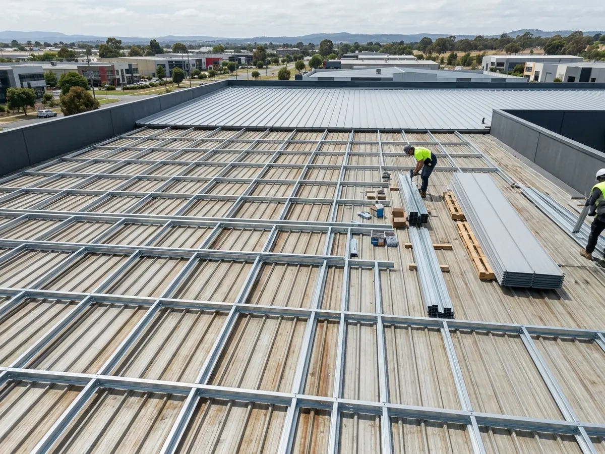 Light-gauge steel sub-framing installed over an old ribbed metal roof, with new standing seam panels on part of it
