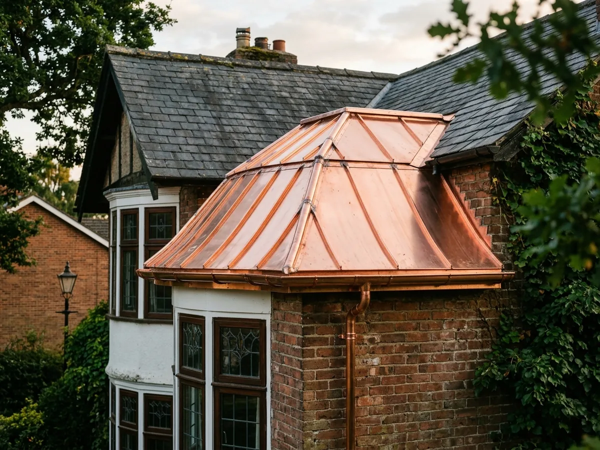 Copper standing seam roof over a brick bay window, with a copper half-round gutter and downspout