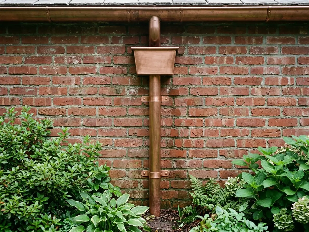 Copper conductor head collecting water from a gutter outlet and feeding a round copper downspout on a brick wall