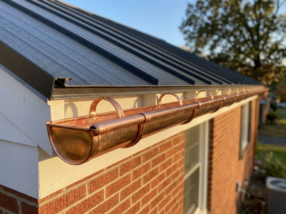 Half-round copper gutter with a rolled bead on the front edge, hung on round copper hangers below a grey standing seam roof