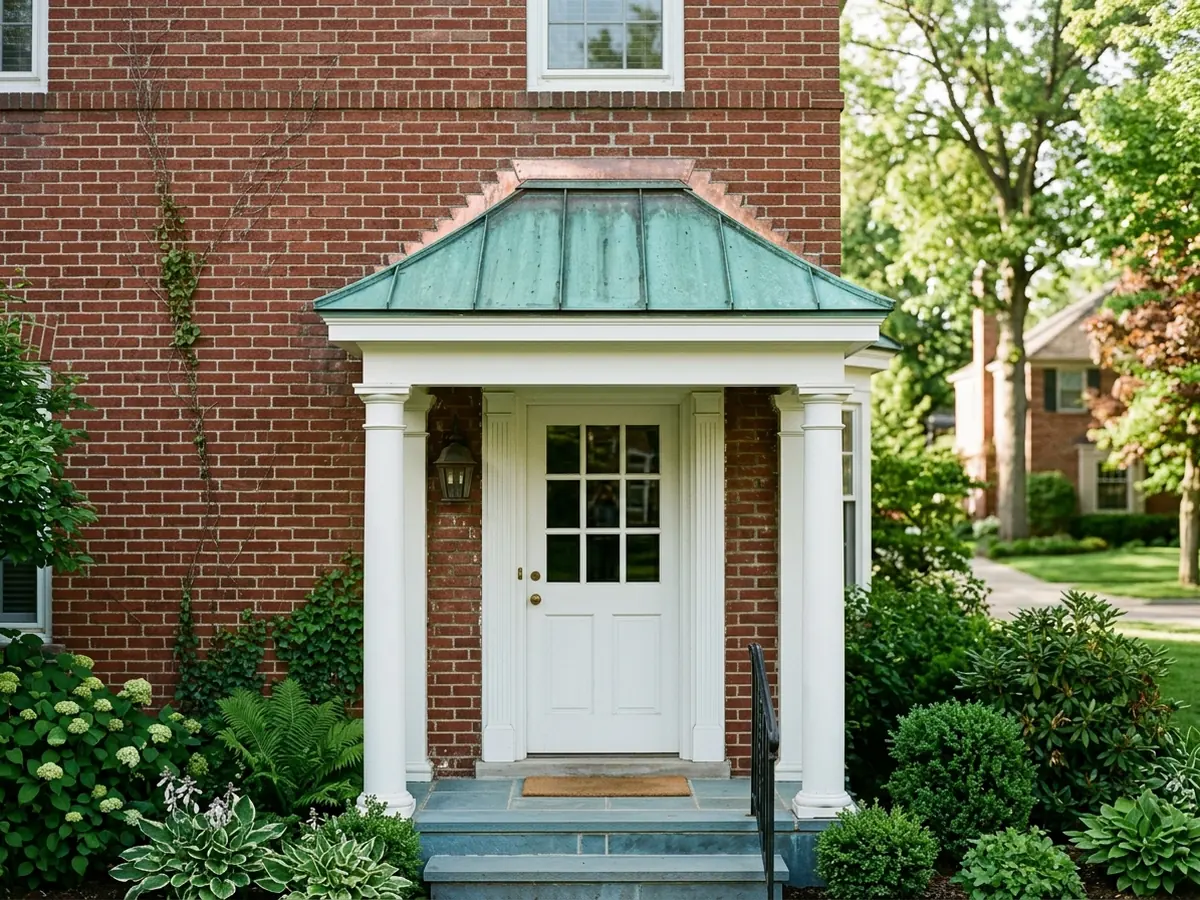 Small entry roof of pre-patinated green copper panels beside a brick wall and white trim