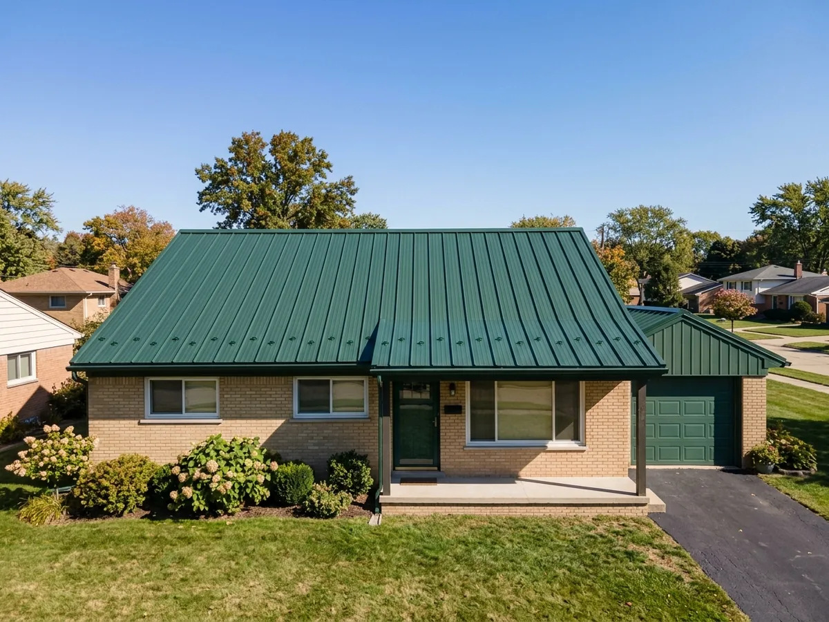 Ranch house with a dark green ribbed steel roof, straight screw lines across each panel and a matching ridge cap