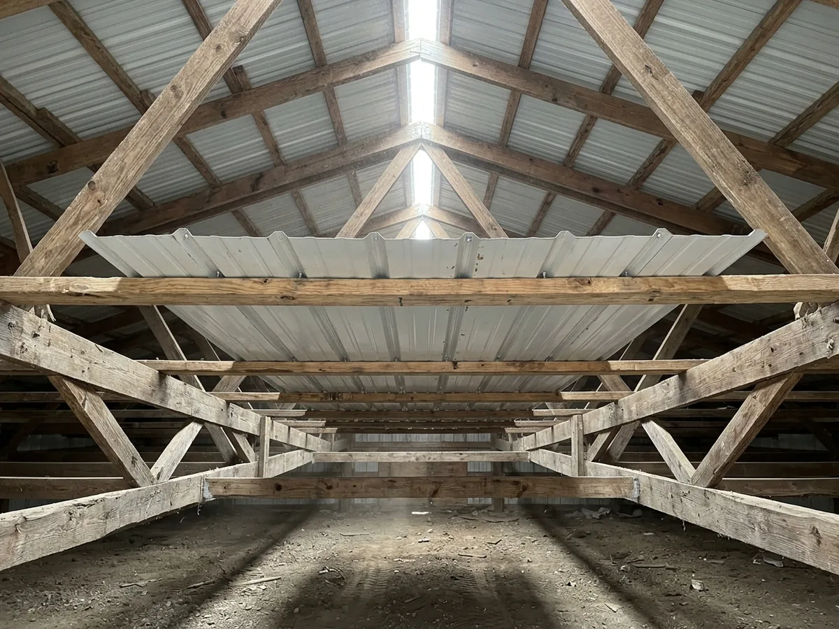 Interior of a pole barn looking up at silver ribbed steel roof panels screwed to wood purlins, with light at the ridge