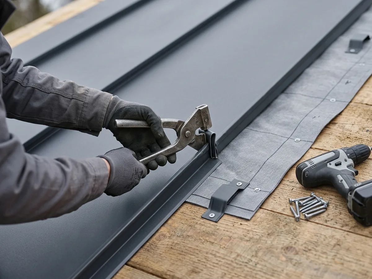 Gloved hands closing a standing seam between two grey steel panels with a hand seamer