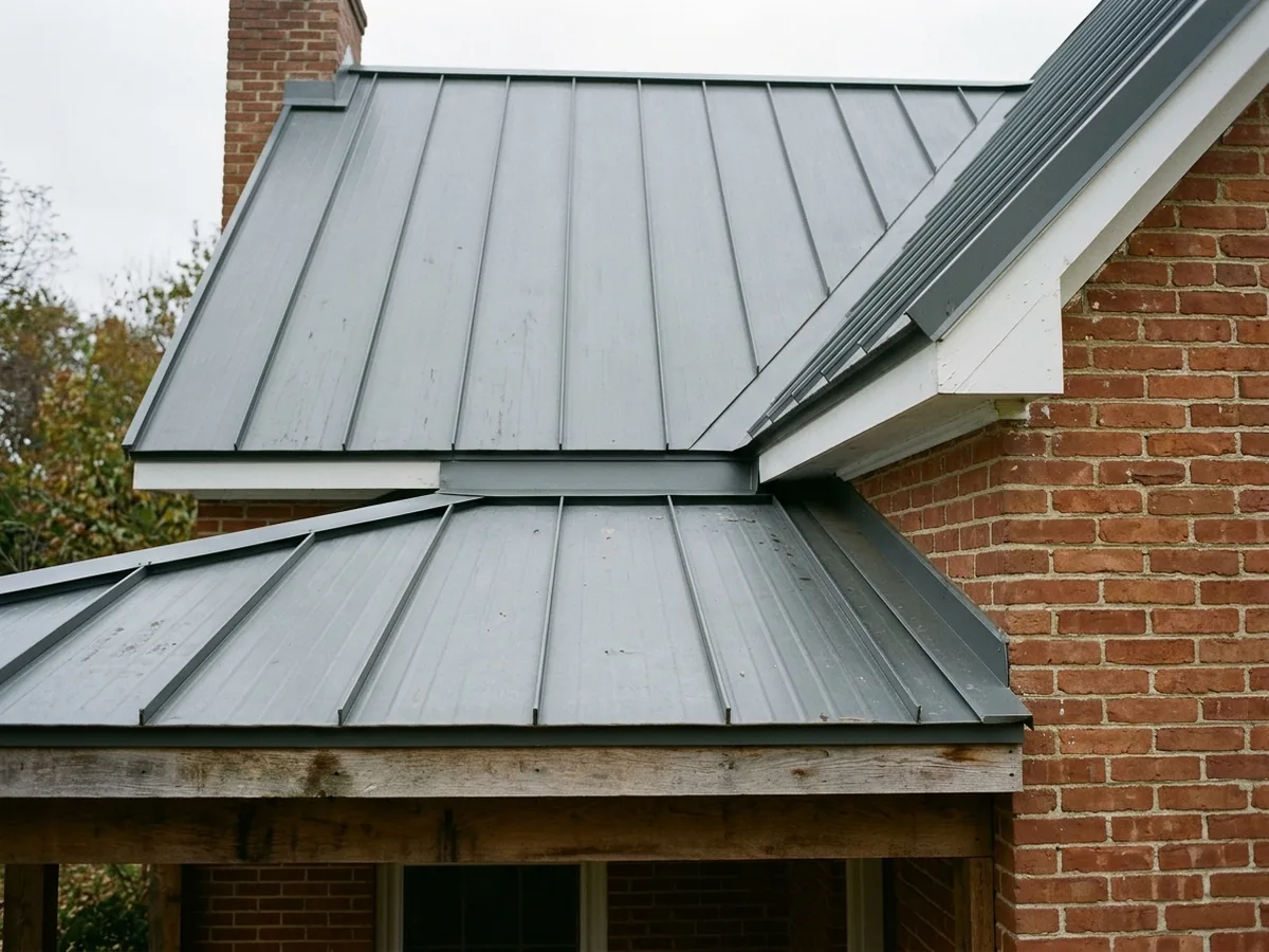Low-slope metal porch roof meeting a steeper main roof at a crease line, with continuous metal transition flashing