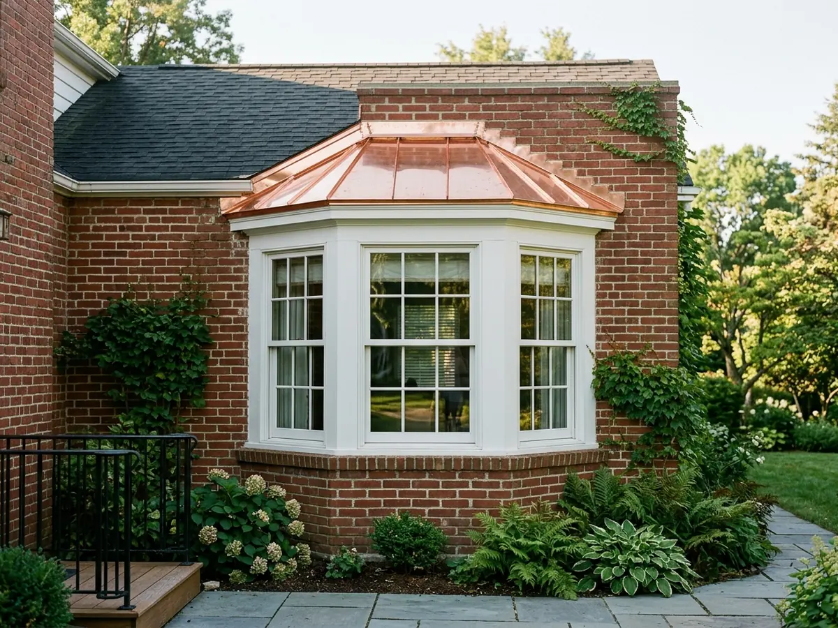 Bay window with a small faceted copper roof and soldered seams on a red brick wall