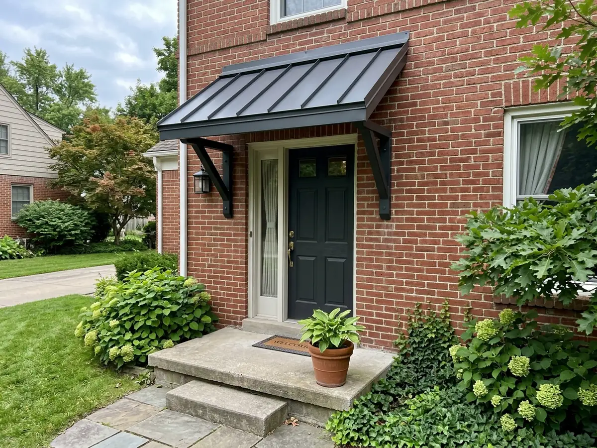 Small standing seam metal canopy on brackets over a front door, with a straight drip edge