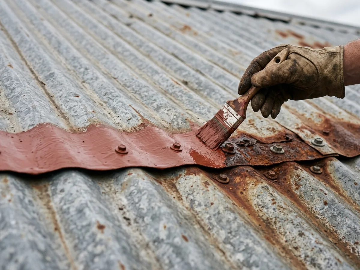 Gloved hand brushing red oxide rust primer onto rusty laps and screw heads of an old corrugated metal roof