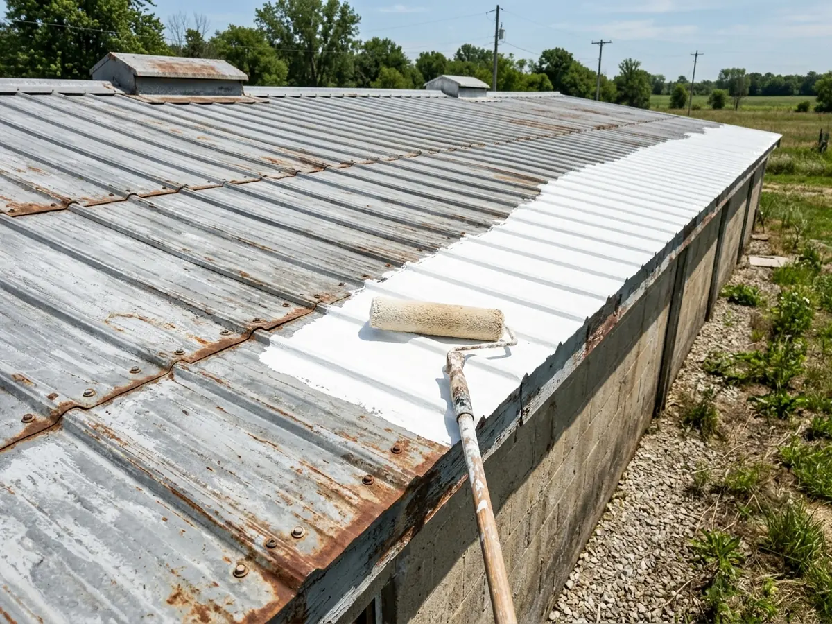Roller spreading bright white silicone coating over an old ribbed metal roof, half coated and half weathered grey