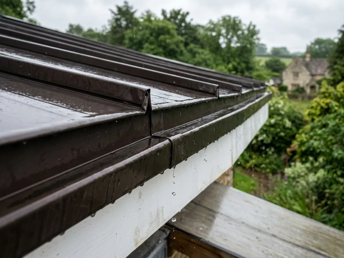 Close view of a dark bronze metal eave trim along the bottom edge of standing seam panels, with water dripping clear of the fascia