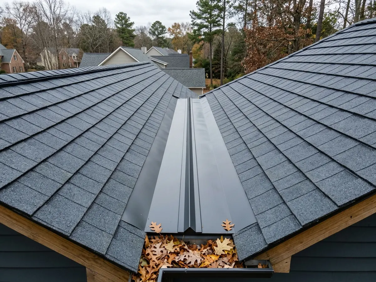 Wide pre-bent metal valley flashing with a raised center rib between two slopes of grey metal shingles