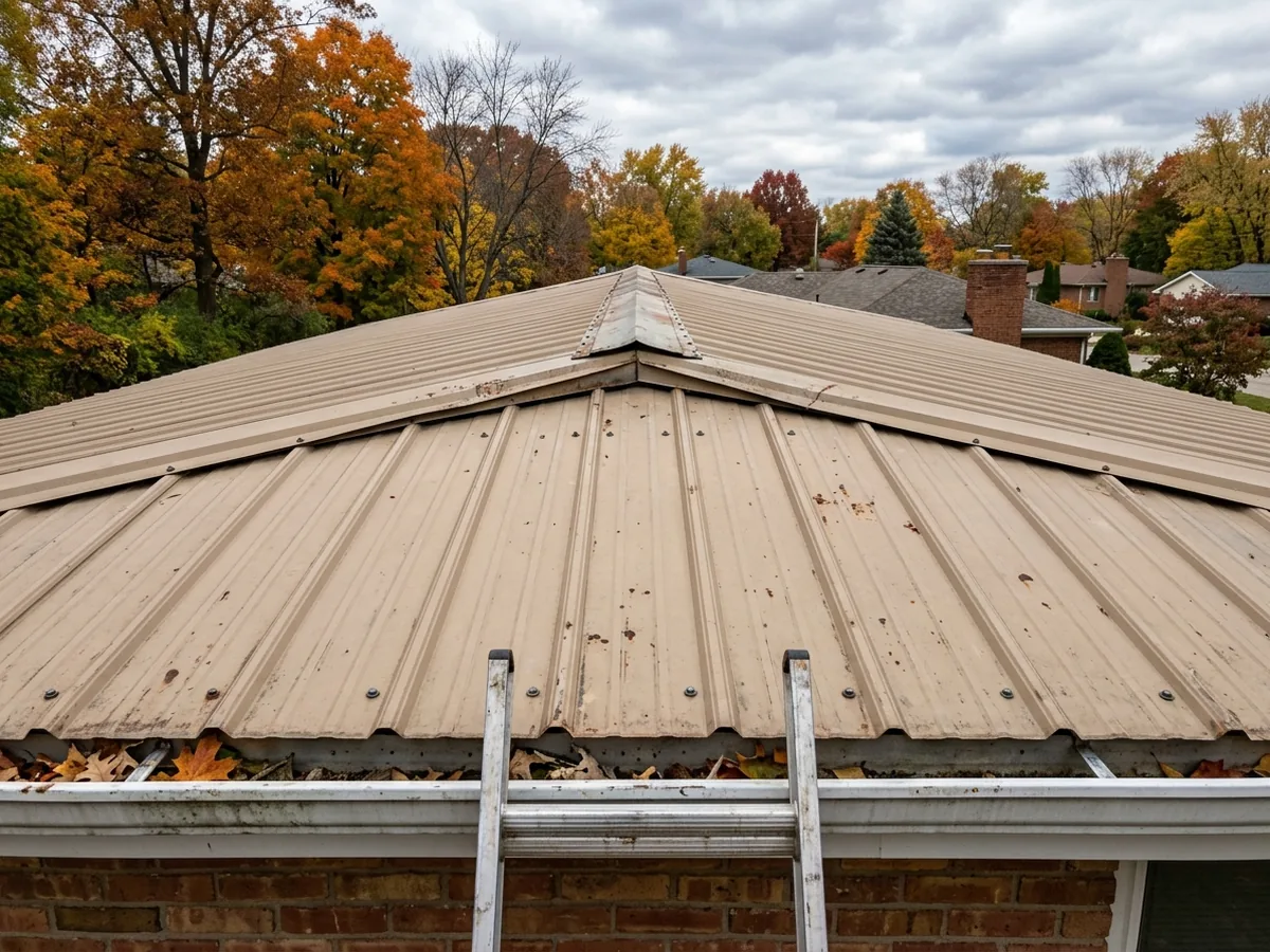 Ribbed tan metal roof on a brick ranch house seen from a ladder at the gutter line, with a weathered ridge cap