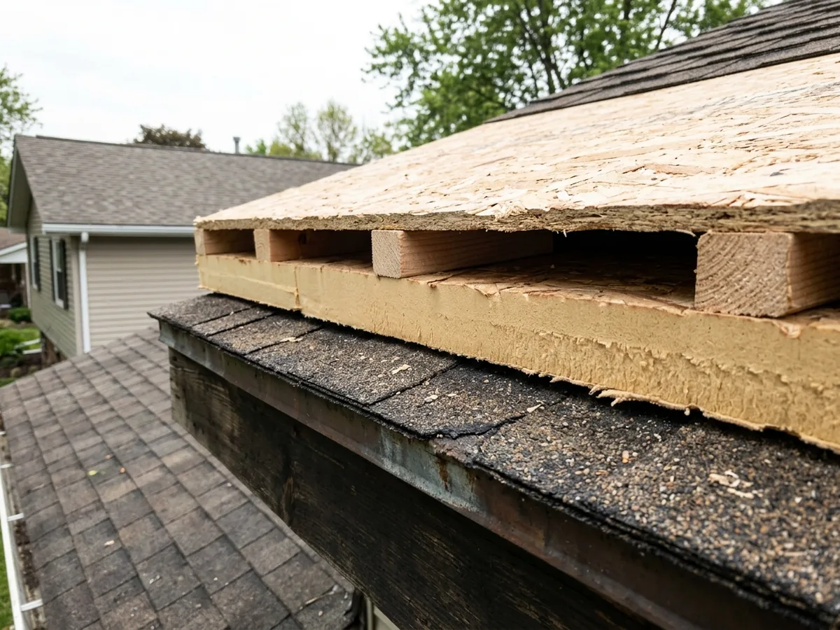 Vented nail base panels with an open air gap between foam insulation and wood sheathing, laid over old shingles at the roof edge