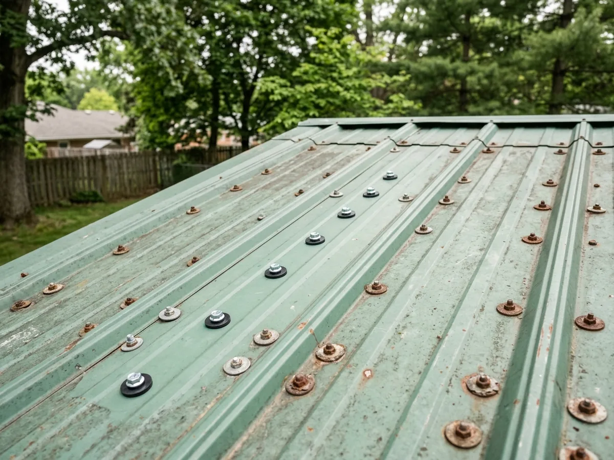 Close-up of a row of new silver screws with fresh washers running up the ribs of a faded green metal roof