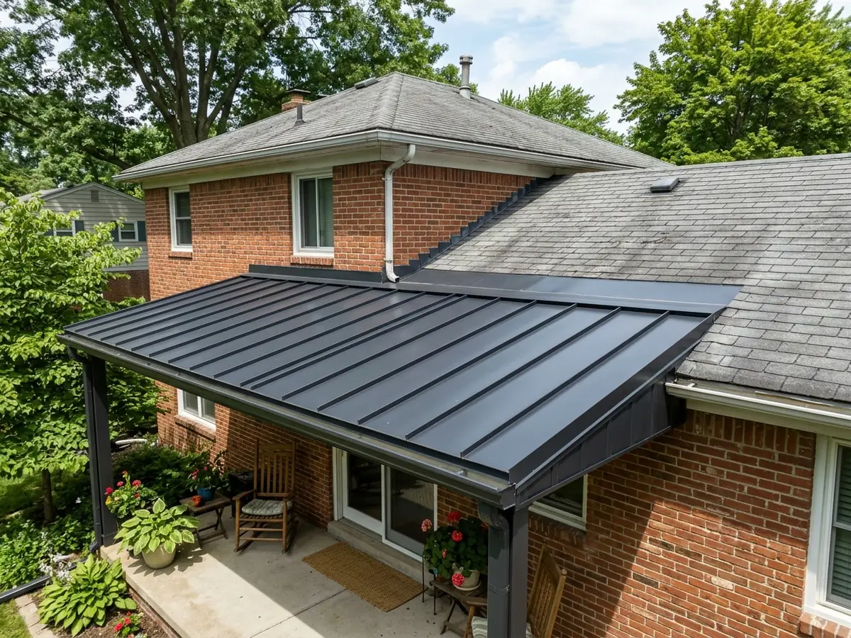 Back porch roof with new charcoal standing seam panels meeting the older main roof at a flashed wall line