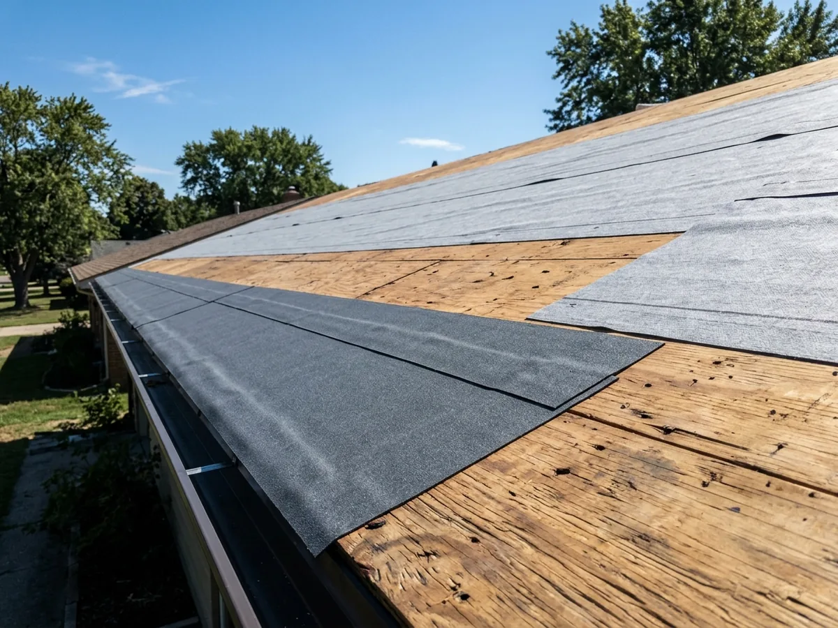 Grey self-adhered ice-and-water membrane rolled along the eave of a bare plywood roof deck, with synthetic underlayment above it