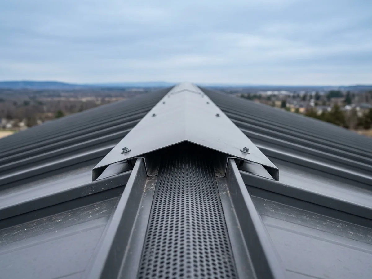 Profile view of a metal ridge cap over a vented closure strip at the peak of a grey standing seam roof