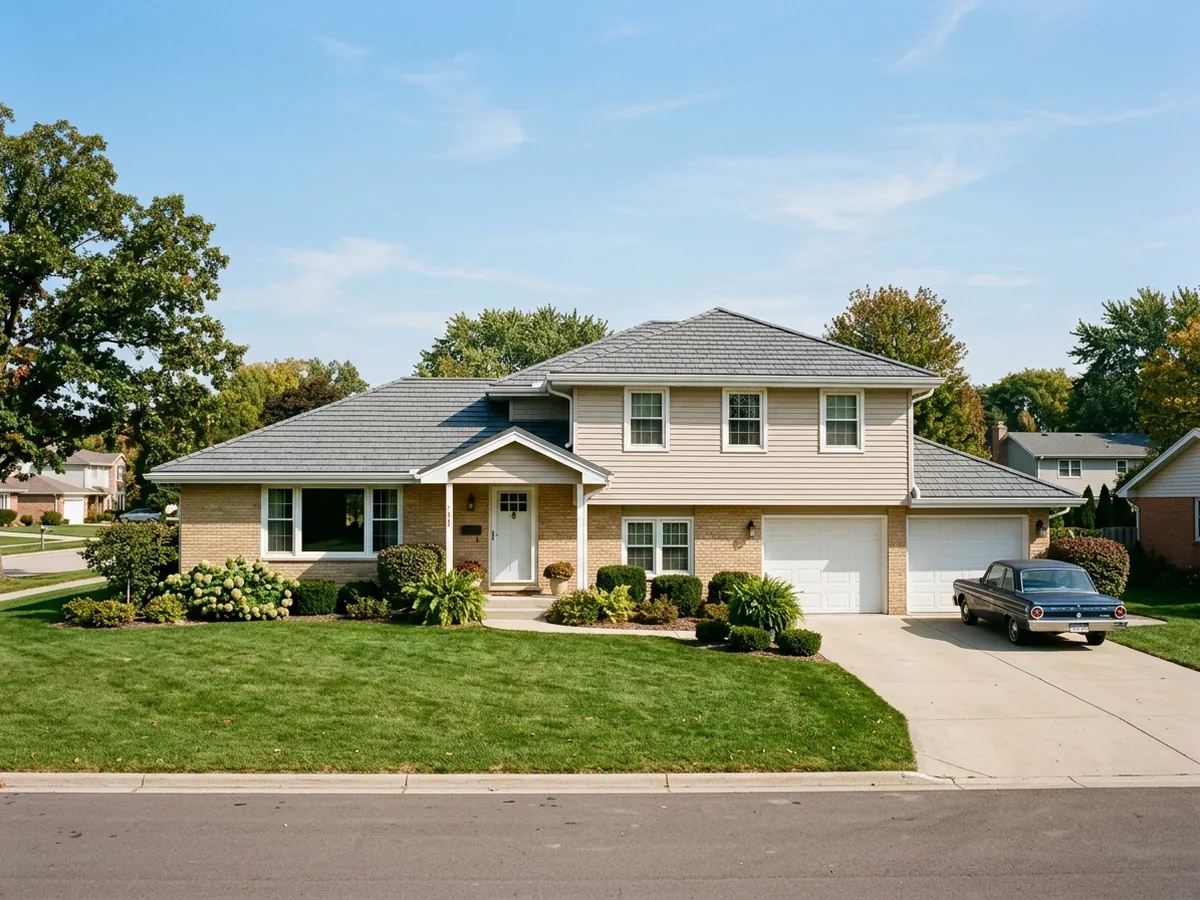 Grey steel shingles shaped like architectural asphalt shingles on a split-level brick house with white trim