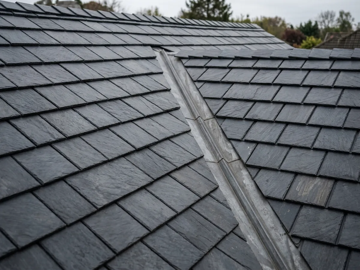 Close-up of dark grey slate-look metal shingles with crisp, thin edges and slightly varied tones