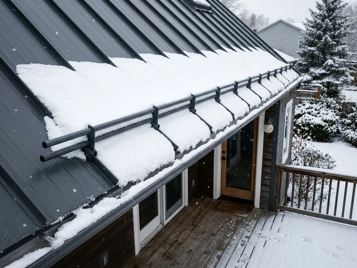 Two-rail snow guard holding fresh snow on a grey standing seam roof above a back door and deck