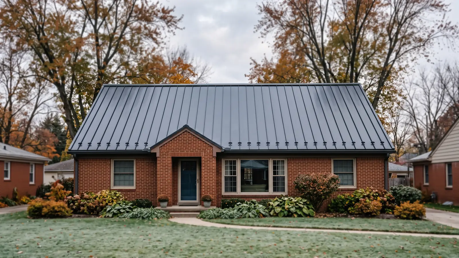 Red-brick ranch house with a new charcoal standing seam metal roof and snow guard clips along the eave, autumn trees behind
