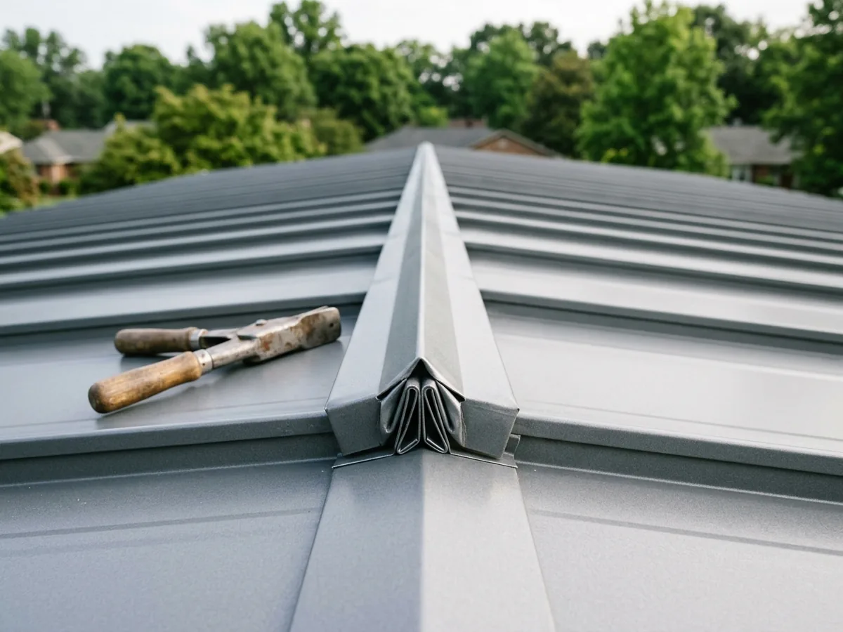 Close-up of a folded double-lock standing seam on a grey steel roof, with a hand seamer resting beside it