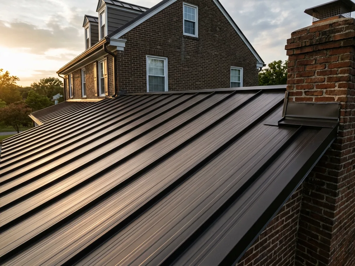 Dark bronze standing seam roof with fine striations pressed into each flat panel, catching low sunlight