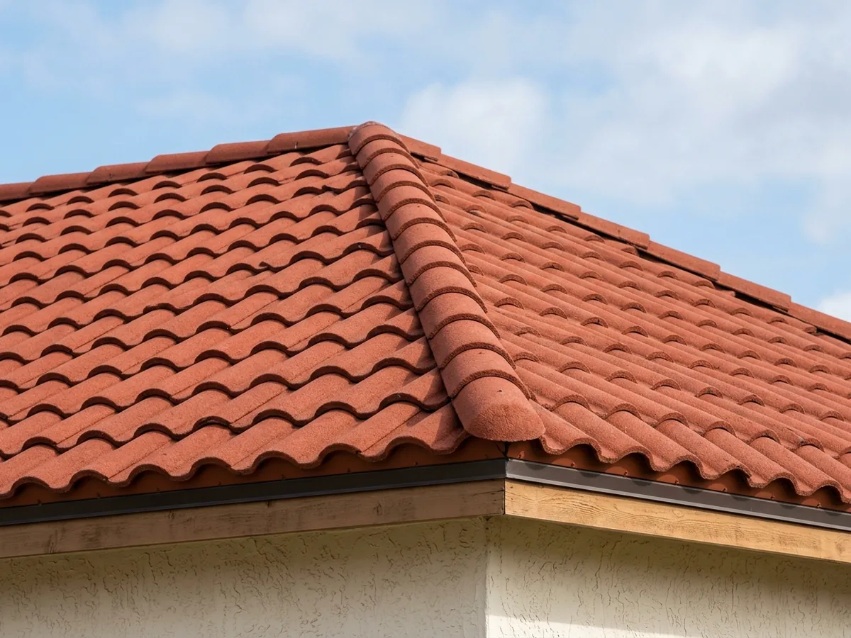 Terracotta-red stone-coated steel barrel tile panels with matching ridge caps on a hip roof